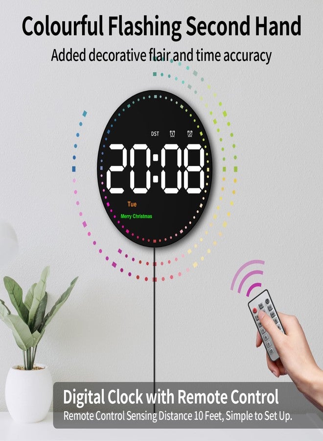 ساعة حائط رقمية مع جهاز تحكم عن بعد، ساعة حائط مقاس 10 بوصات بشاشة كبيرة، ساعة رقمية LED للفصول الدراسية والمكاتب، خاصية التعتيم التلقائي مع عقرب ثوانٍ ملون، مؤشرات للمناسبات، التوقيت الصيفي، عرض درجة الحرارة، ديكور حائط - Image 3